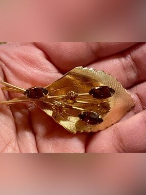 Vintage Gold-Tone Leaf Brooch with Amber and Citrine Accent Stones-1970s